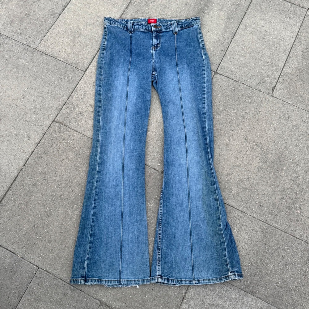 Mossimo Vintage Y2K Pintuck Flare Jeans Blue Denim Bell Bottom Split Hem Size 15